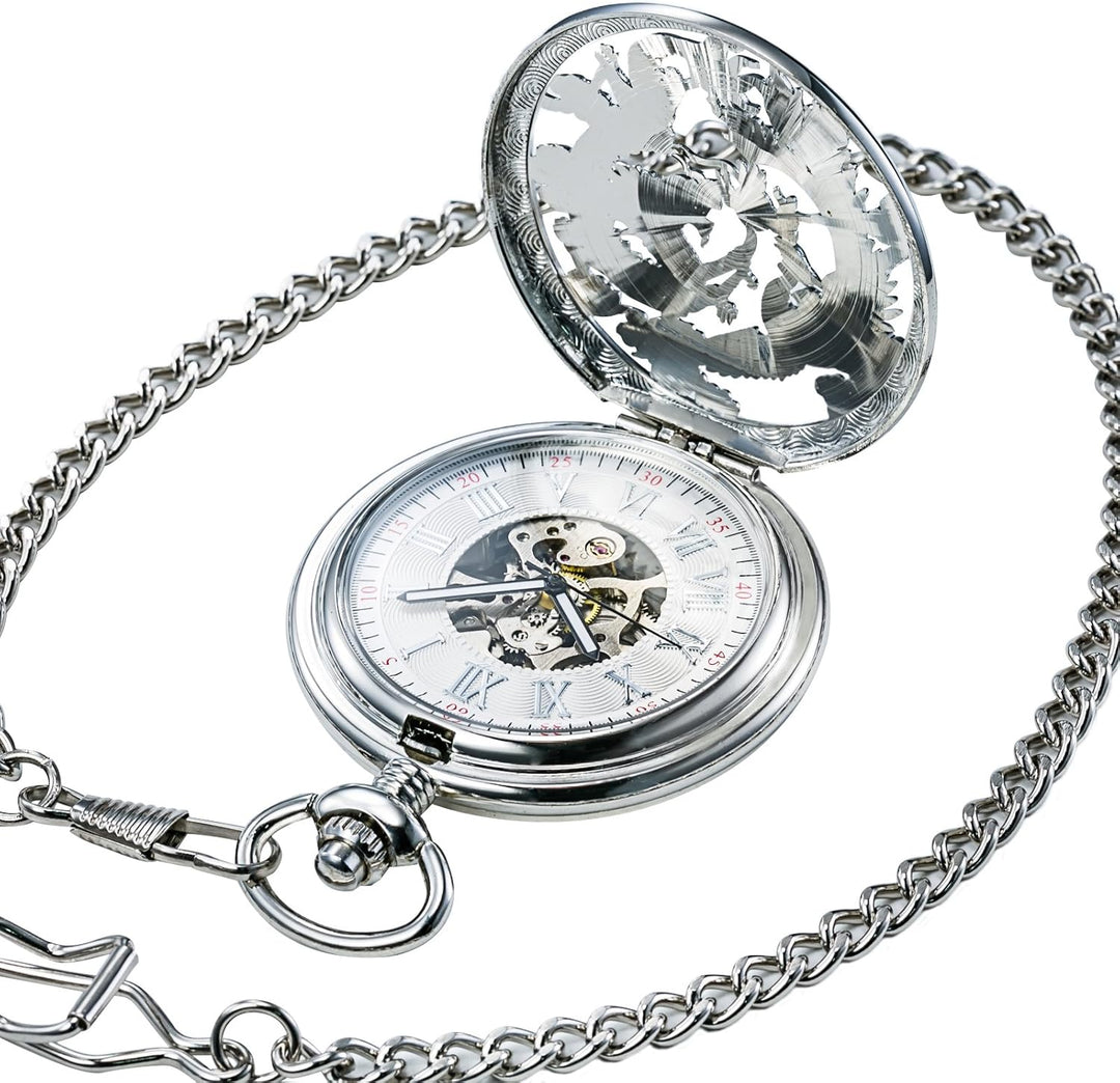 TREEWETO Unisex Taschenuhr mit Kette Analog Handaufzug Antik Drache Phönix Skelett Silber