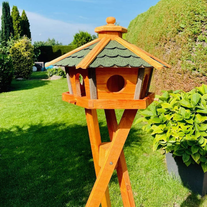 Vogel Futter Haus L oder XL Sechseck Holz Vogelhaus Futterstelle Braun/Blau, Rot, Schwarz und Grün (