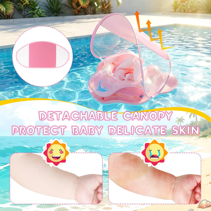 Baby Schwimmring mit abnehmbarem Sonnenschutz und Glöckchen, inklusive 1 x Handpumpe und 2 x Reparat