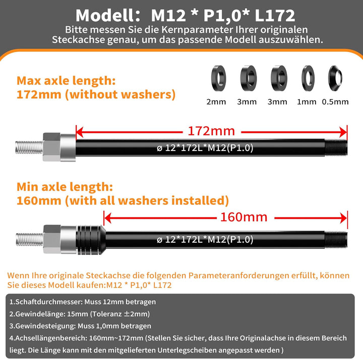 Steckachse M12 x 1,0-160-172 mm mit Adapter für Fahrradanhänger Kupplung, Kompatibel mit 142-148 Nab