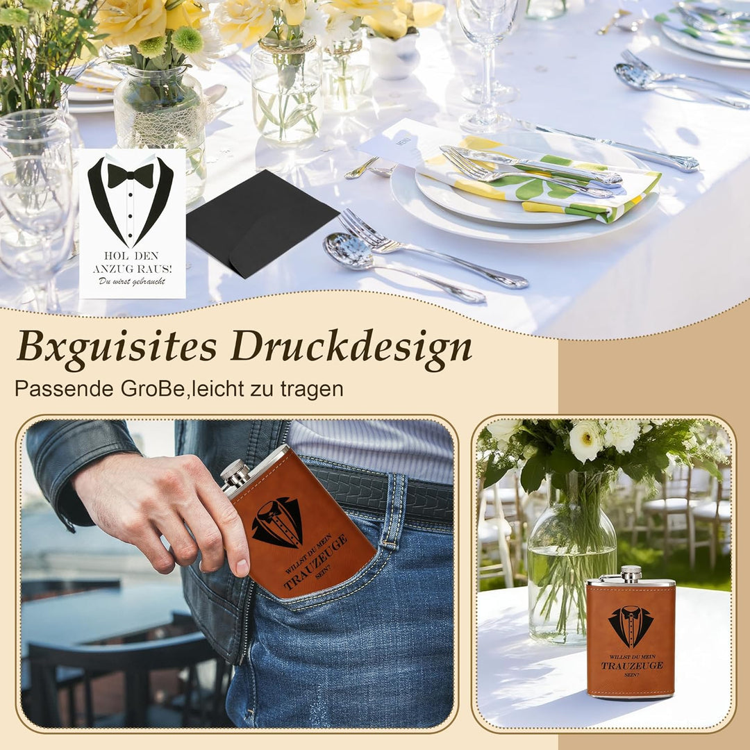 Flachmann mit Gravur 8oz Edelstahl Geschenkset für Trauzeuge und Trauzeugin, Schwarze Geschenkbox mi