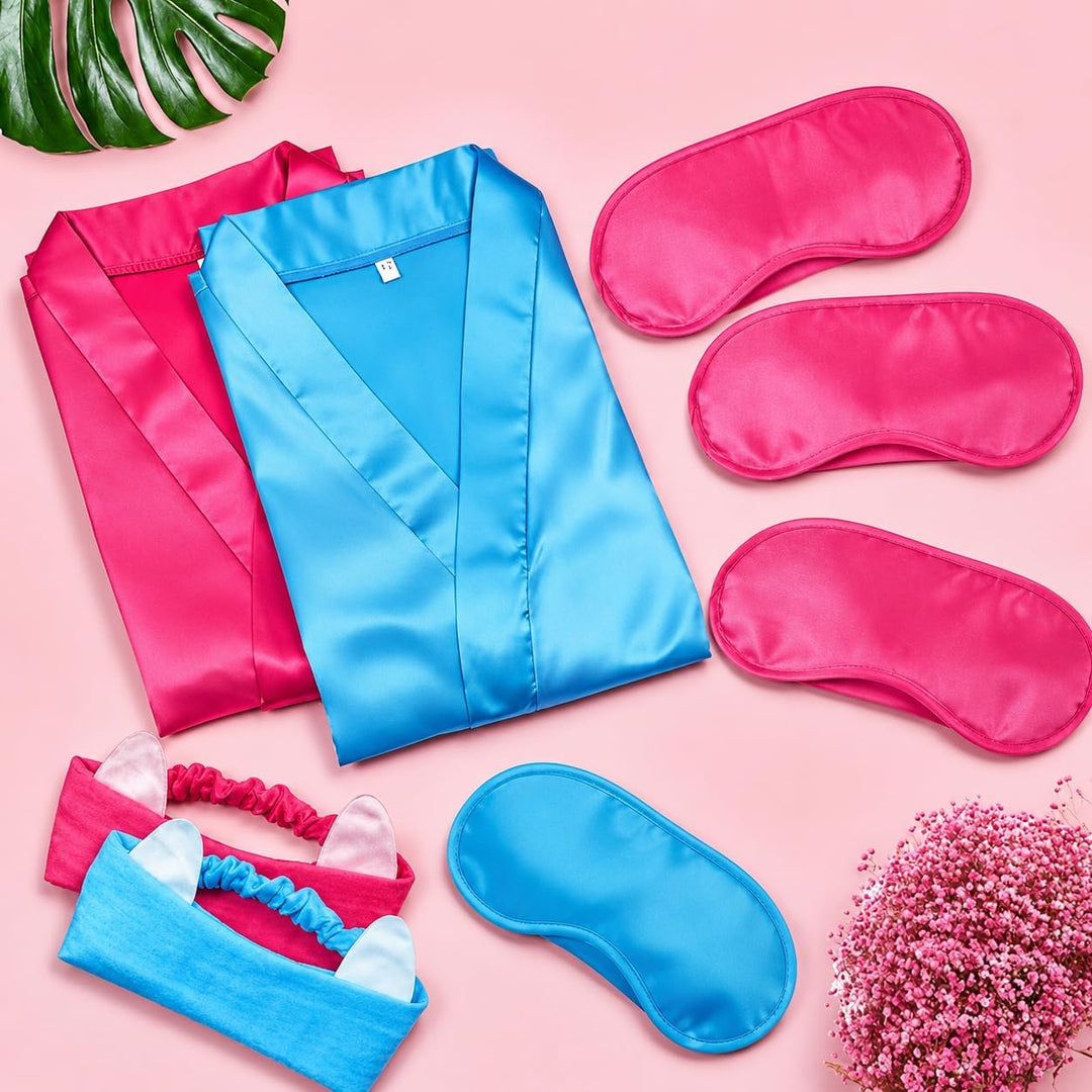 LYCN 10 Stück Spa Bademantel Mädchen, Satin Kimono Bademantel mit 10 Seiden-Augenmasken und 10 Haarb