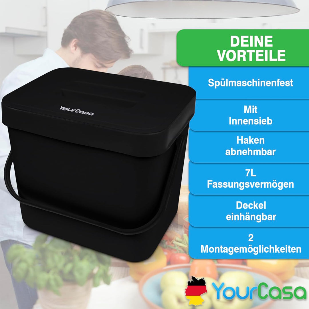 YourCasa Biomülleimer Küche 7L - Komposteimer zum Einhängen mit Sieb - Spülmaschinenfest - Biomüll B