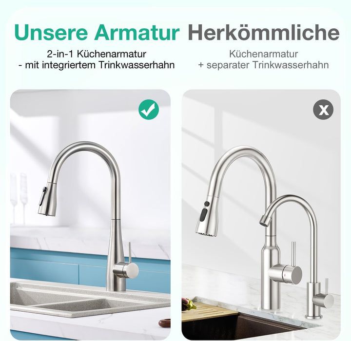 CREA 3 Wege Küchenarmatur mit Brause ausziehbar, Trinkwasserhahn Wasserhahn Armatur Küche, Mischbatt