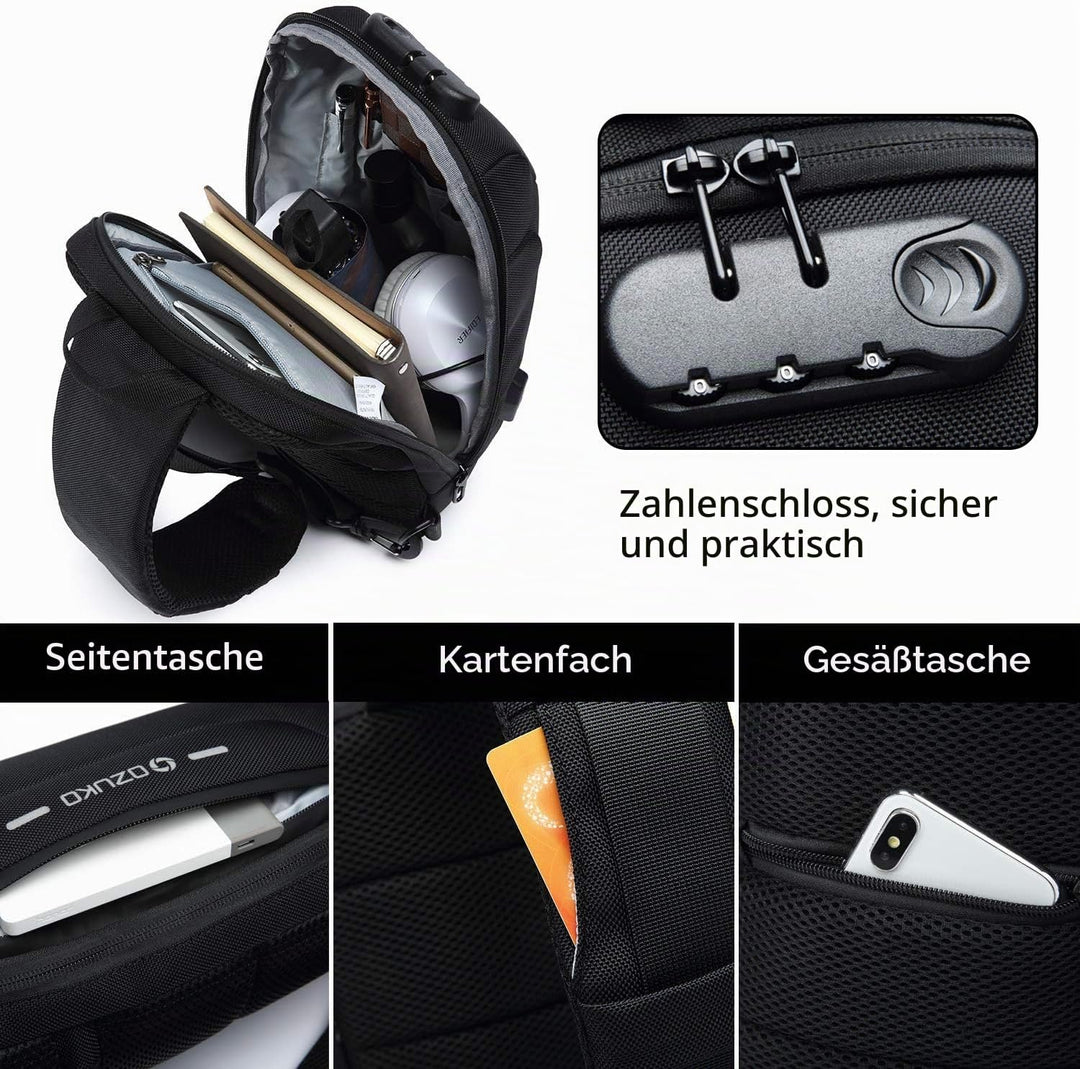 FANDARE Neu Herren Schultertasche Brusttasche mit Passwortschloss, USB, Reflektierende Streifen Umhä