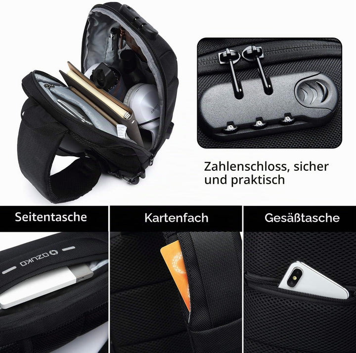FANDARE Neu Herren Schultertasche Brusttasche mit Passwortschloss, USB, Reflektierende Streifen Umhä