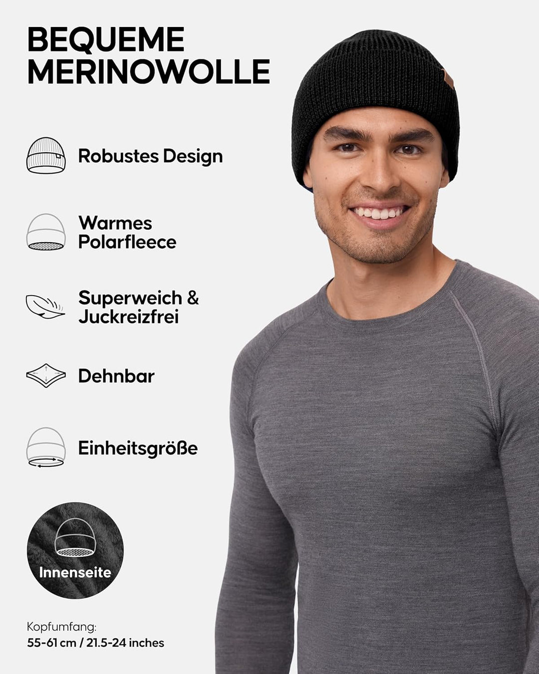 DANISH ENDURANCE Merinowolle Mütze mit Fleece, Warme Wintermütze, Stretchy & Bequem, Unisex, Beanie