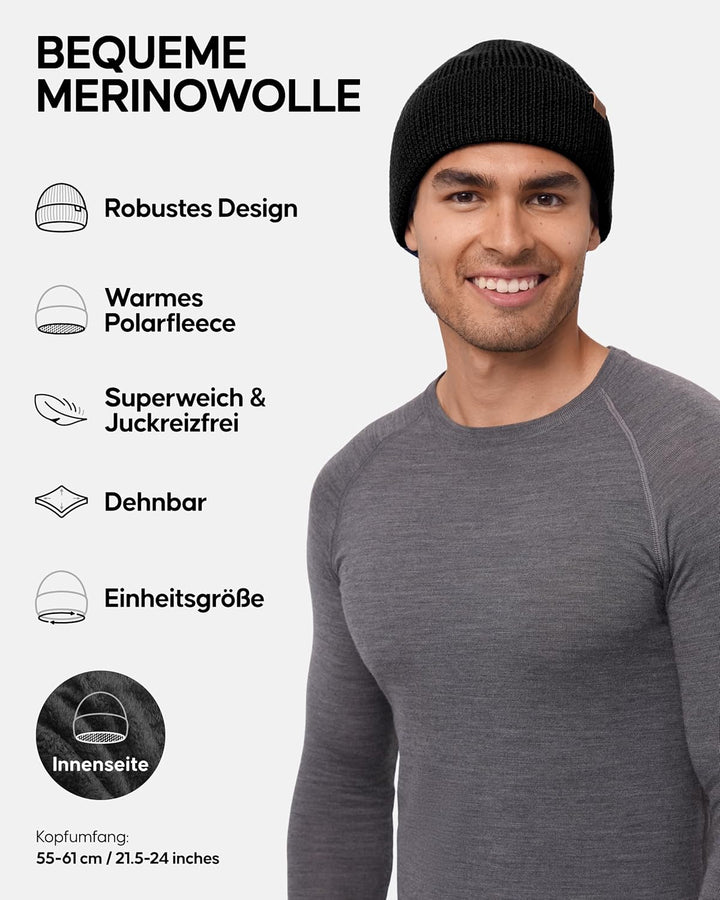 DANISH ENDURANCE Merinowolle Mütze mit Fleece, Warme Wintermütze, Stretchy & Bequem, Unisex, Beanie