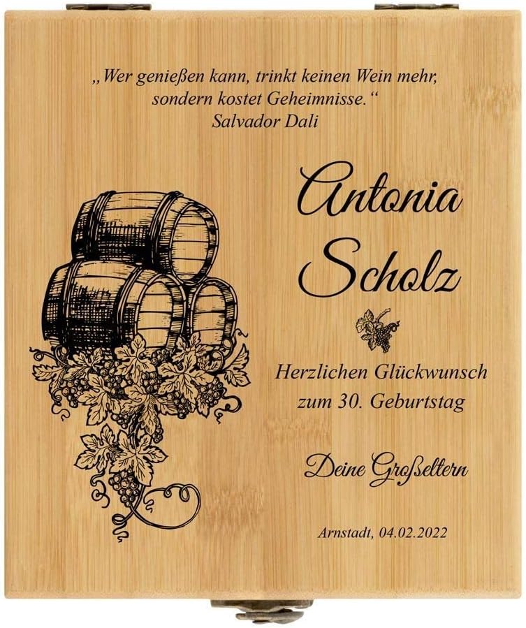 Maverton Weinöffner-Set personalisiert Weinset Sommelier Set - Geschenkbox Holzbox + 4er Weinzubehör
