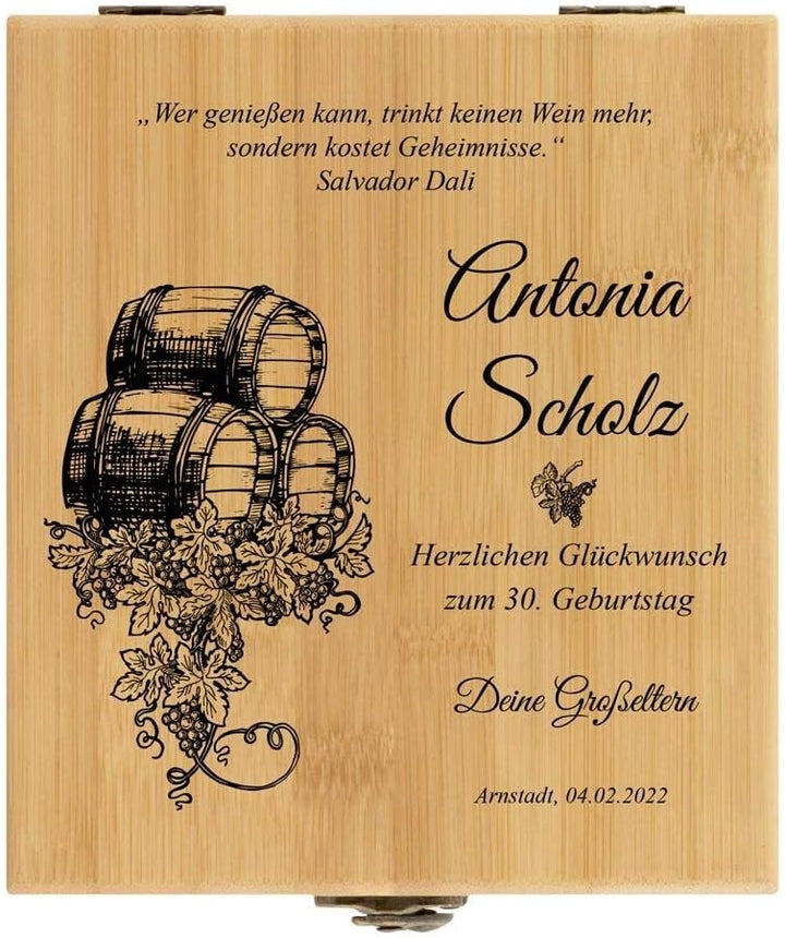 Maverton Weinöffner-Set personalisiert Weinset Sommelier Set - Geschenkbox Holzbox + 4er Weinzubehör