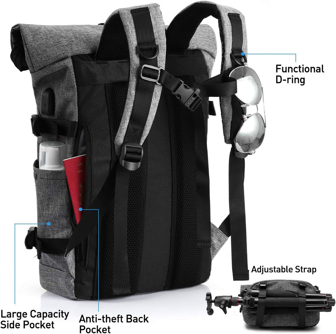 YAMTION Laptop Rucksack Herren,Rolltop Rucksack Schulrucksack Jungen Teenager mit USB Ladeanschluss