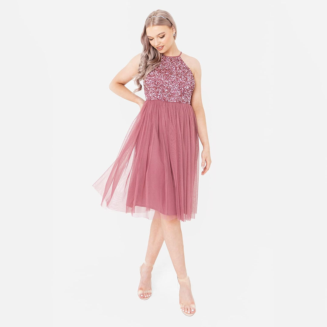 Maya Deluxe Damen Embellished Halter Neck Midi Bridesmaid Dress, Desert Rose