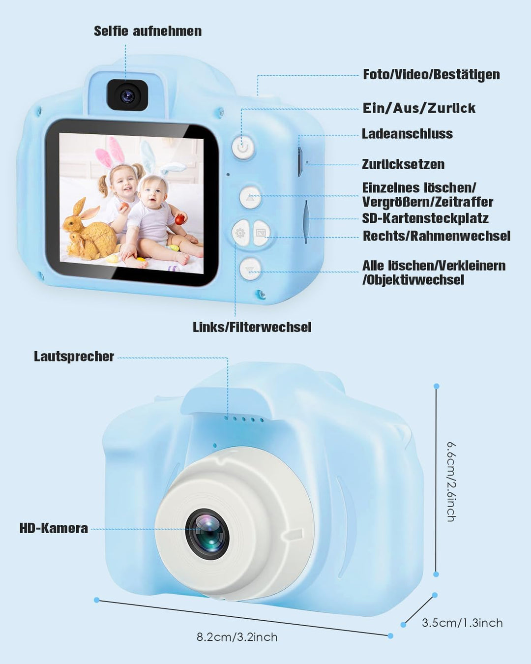 Kinderkamera für Mädchen Jungen, 3-12 Jahre, 2.0”Display Digitalkamera, Doppelobjektiv, 32GB SD-Kart