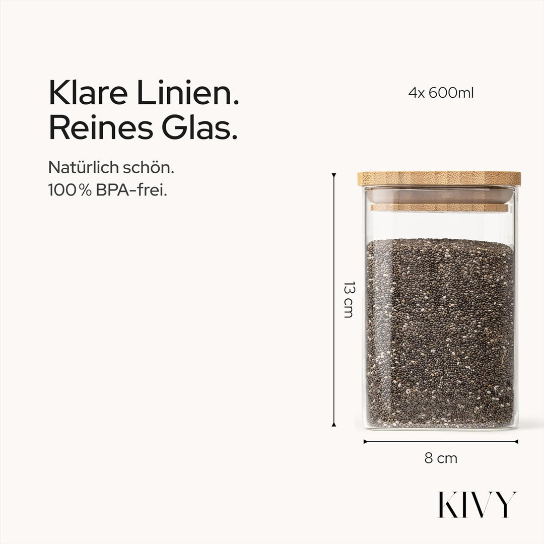 KIVY Vorratsgläser mit Deckel - 4 x 600ml - Kleine Vorratsdosen mit Bambusdeckel - Vorratsdosen Glas