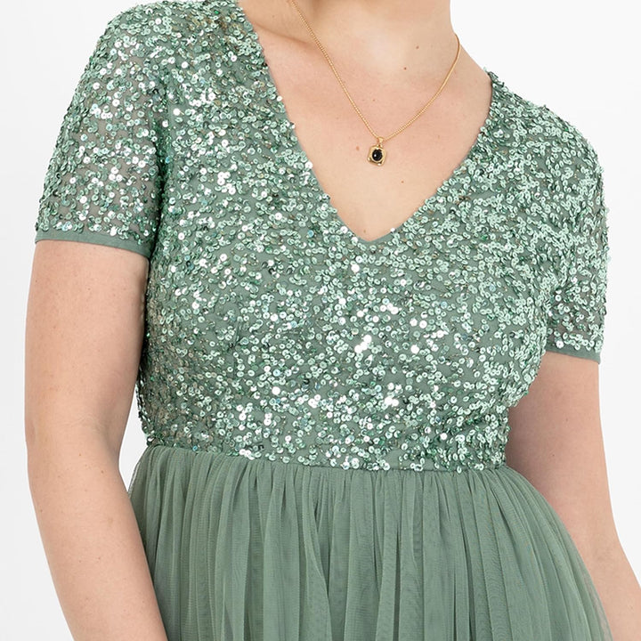 Maya Deluxe Damen Midi-Kleid mit V-Ausschnitt, Verziert Brautjungfernkleid Deep Mint 34, Deep Mint 3