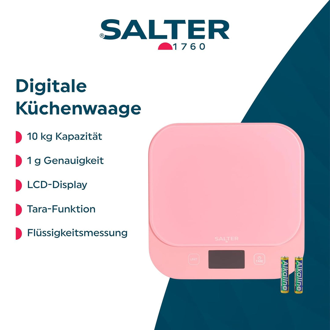 Salter British Bakes Digitale Küchenwaage – Pinke Backwaage mit hoher 10-kg-Kapazität, misst Flüssig