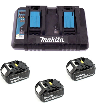 Makita Stromquellen-Set mit Doppel-Ladegerät + 3 Akkus (dc18rd, 18 V, 5 Ah), Blau/Silber, 198458-6