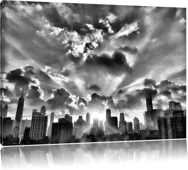 Pixxprint Monocrome, Chicago Skyline im Sonnenaufgang, Format: 100x70 auf Leinwand, 100x70