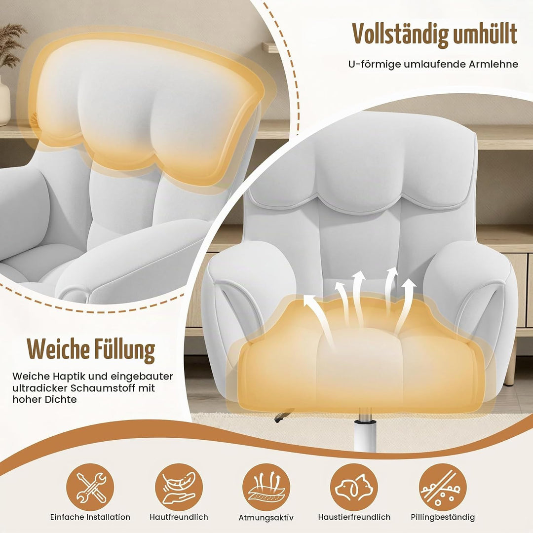 Ergonomischer Bürostuhl Samt 360°Drehen Schminktischstuhl Weiss | Höhenverstellbar,360°Drehfunktion,