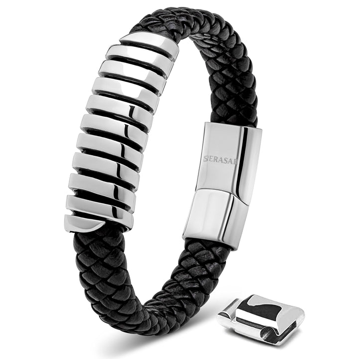SERASAR Premium Lederarmband für Männer in Schwarz | Magnetverschluss aus Edelstahl in Schwarz, Silb
