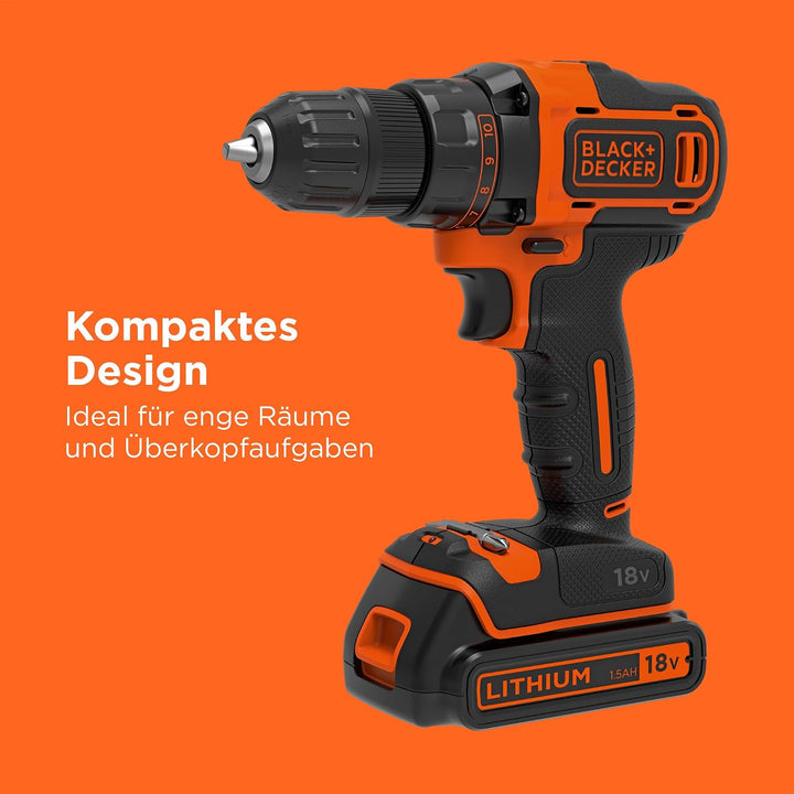 BLACK+DECKER 18V 2G Bohrschrauber, 2 Gänge, 11-Positions-Kupplung, 40Nm Drehmoment, 2x 1,5Ah Akkus,