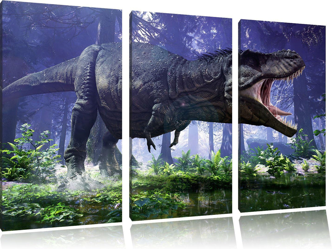 Pixxprint T-Rex Dinosaurier im Wald als Leinwandbild | Grösse: 3 Teilig (120x80) | Wandbild| Kunstdr
