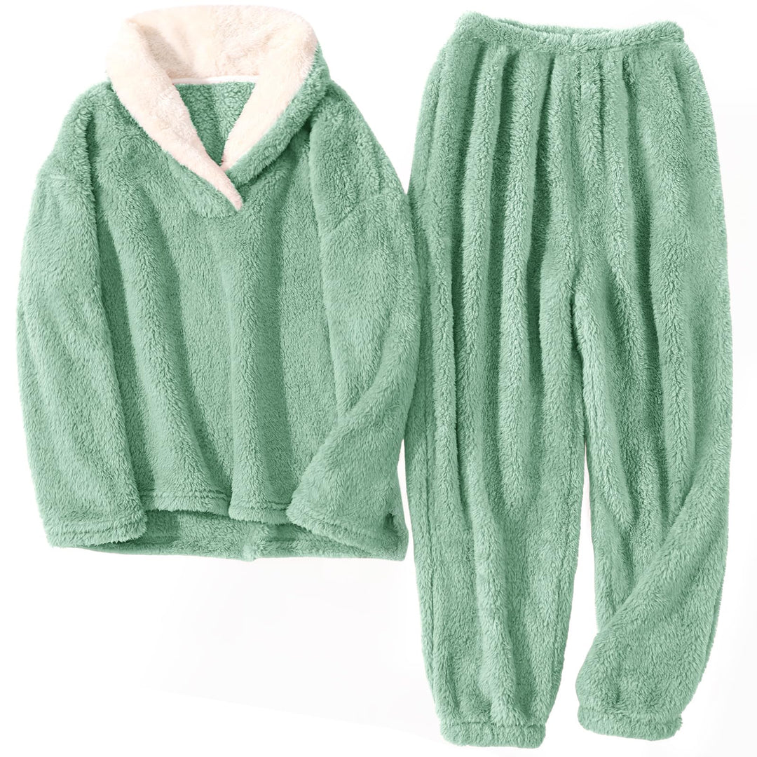 TOMEEK Schlafanzug Damen Winter Thermo Pyjama Set Langarm Fleece Nachtwäsche Set Weicher Warmer Heim