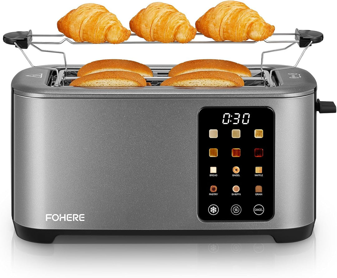 Toaster 4 Scheiben, 1400W Edelstahl Langschlitz Toaster, 9 Farbeinstellungen und 3 Brotsorten, Abbru