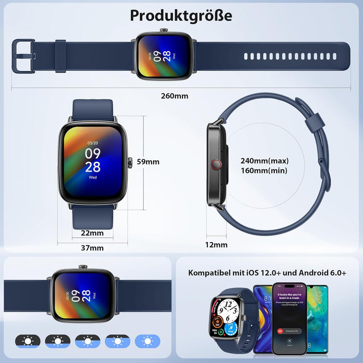 Yoever Smartwatch Herren Damen mit Telefonfunktion - 1.85" Fitnessuhr Herren mit Herzfrequenz SpO2 S
