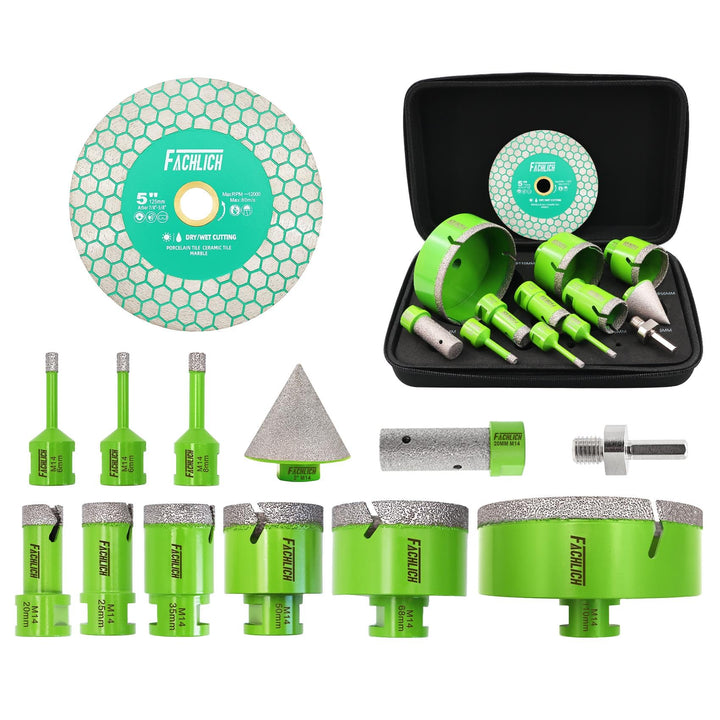 Diamant Fliesenbohrer Set Lochsäge - 12 Stück (6/6/8/20/25/35/50/68/110mm+20mm Fingerfräser+50mm Fas