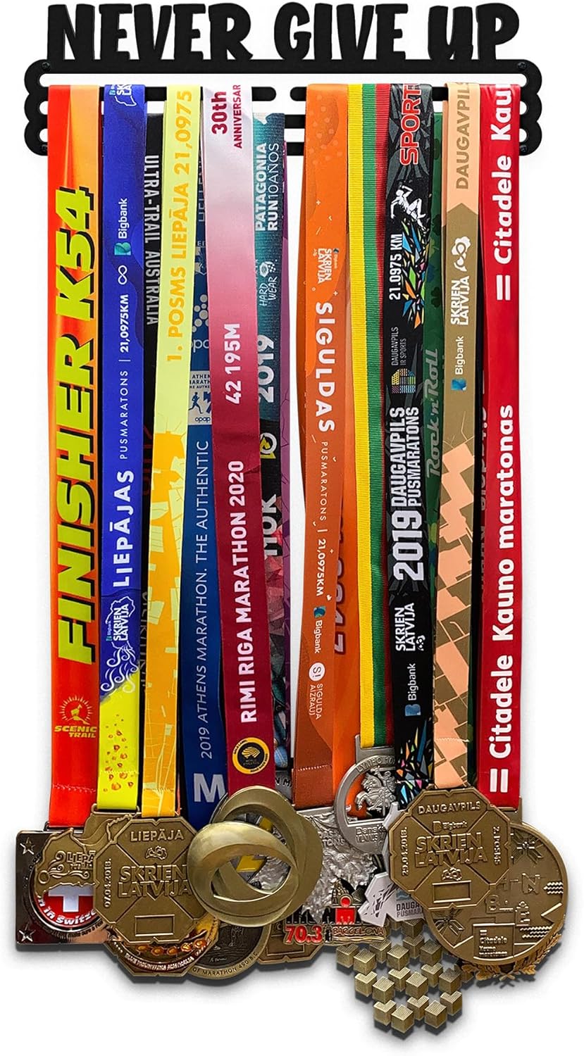 United Medals Never GIVE UP Medaillenhalter Stahl Schwarz | Medaillen Aufhänger | Medal Hanger Holde