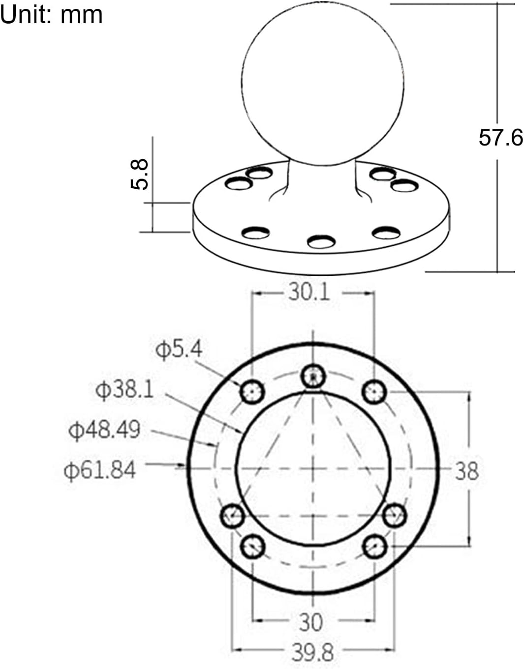 1,5 Zoll/C-Grösse / 38mm Kugelhalterung aus Aluminiumgusslegierung, AMPS-Loch-Rundplattenbasis, Komp