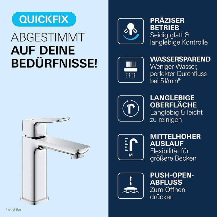 GROHE Dice, Waschtischarmatur, wassersparend (Wasserhahn für das Bad, Badarmatur mit Push-Open Ablau