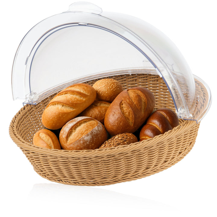 Mahlzeit Rattan Brotkorb mit Deckel | 42 x 39 x 29 cm | Rund | Brotkasten mit Sichtfenster, Brotkast