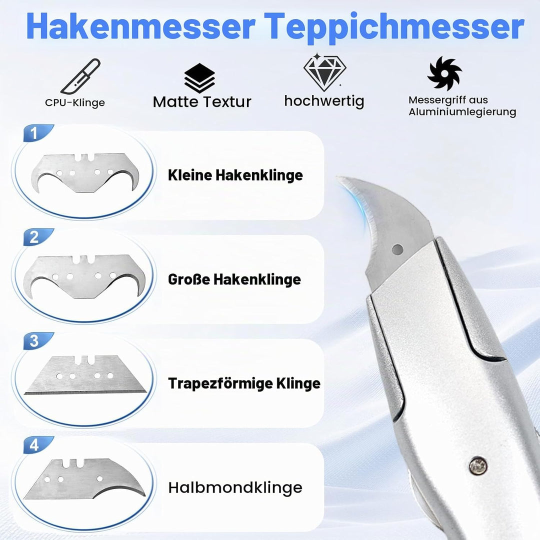Teppichmesser Hakenklinge, Teppichmesser Profi mit 8 Stück Ersatzklingen, Cuttermesser Teppich, Cutt