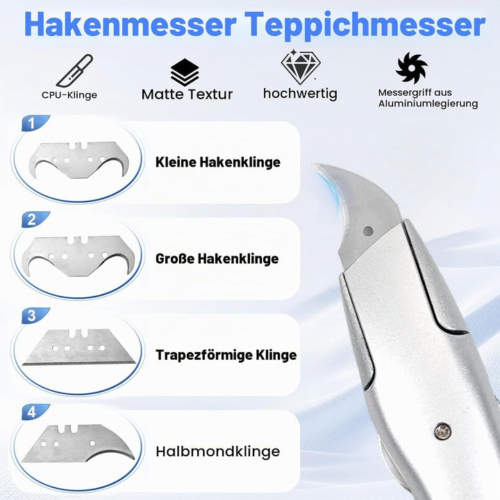 Teppichmesser Hakenklinge, Teppichmesser Profi mit 8 Stück Ersatzklingen, Cuttermesser Teppich, Cutt