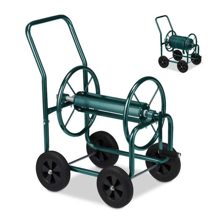 Relaxdays Schlauchwagen, bis 60 m, 4 Vollgummireifen, Klickkupplung, Schlauchtrommel Metall, Schlauc