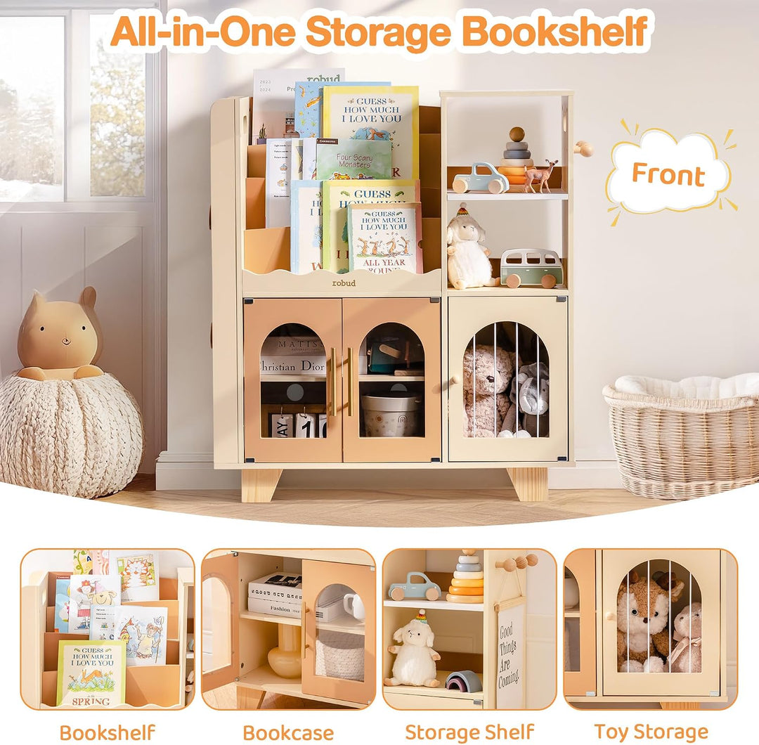 ROBUD Kinder bücherregal Karamellfarbe, Holz Standregal,mehrstufig, mit Spielzeugaufbewahrungszone,