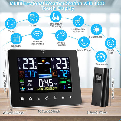 ALLOMN Wetterstation mit Aussen Innen Sensor, Multifunktion Touch Funkwetterstation Kabellose Digita