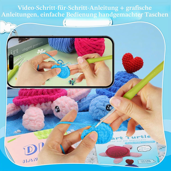 FYSL Häkelset Schildkröte mit Herz, Komplettes DIY Häkeln für Anfänger, Video-Tutorial einbeziehen,