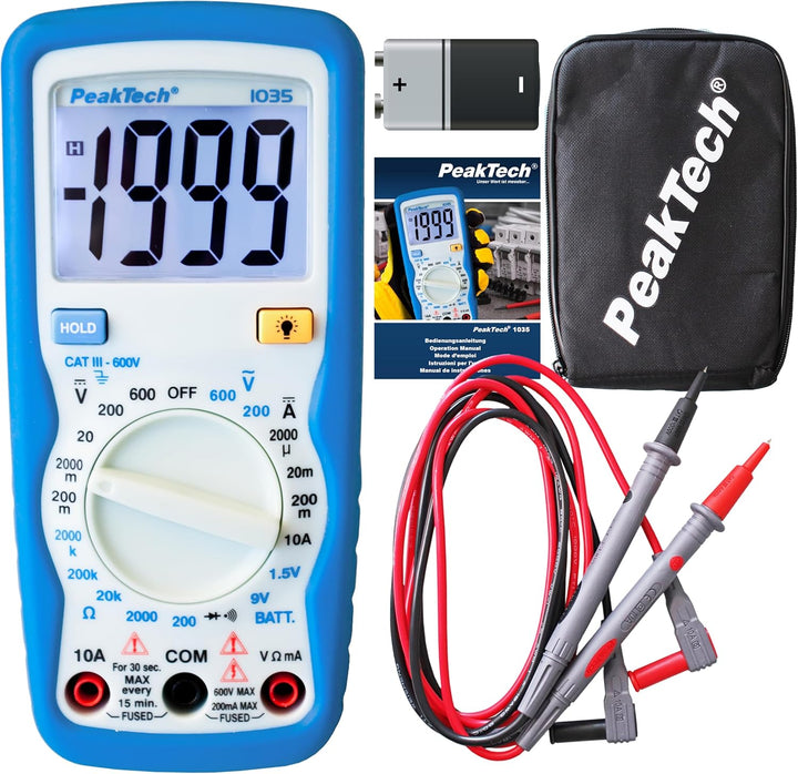 PeakTech Kompaktes Digital-Multimeter P1035 zur Messung von Spannung, Gleichstrom und Widerstand, Bl