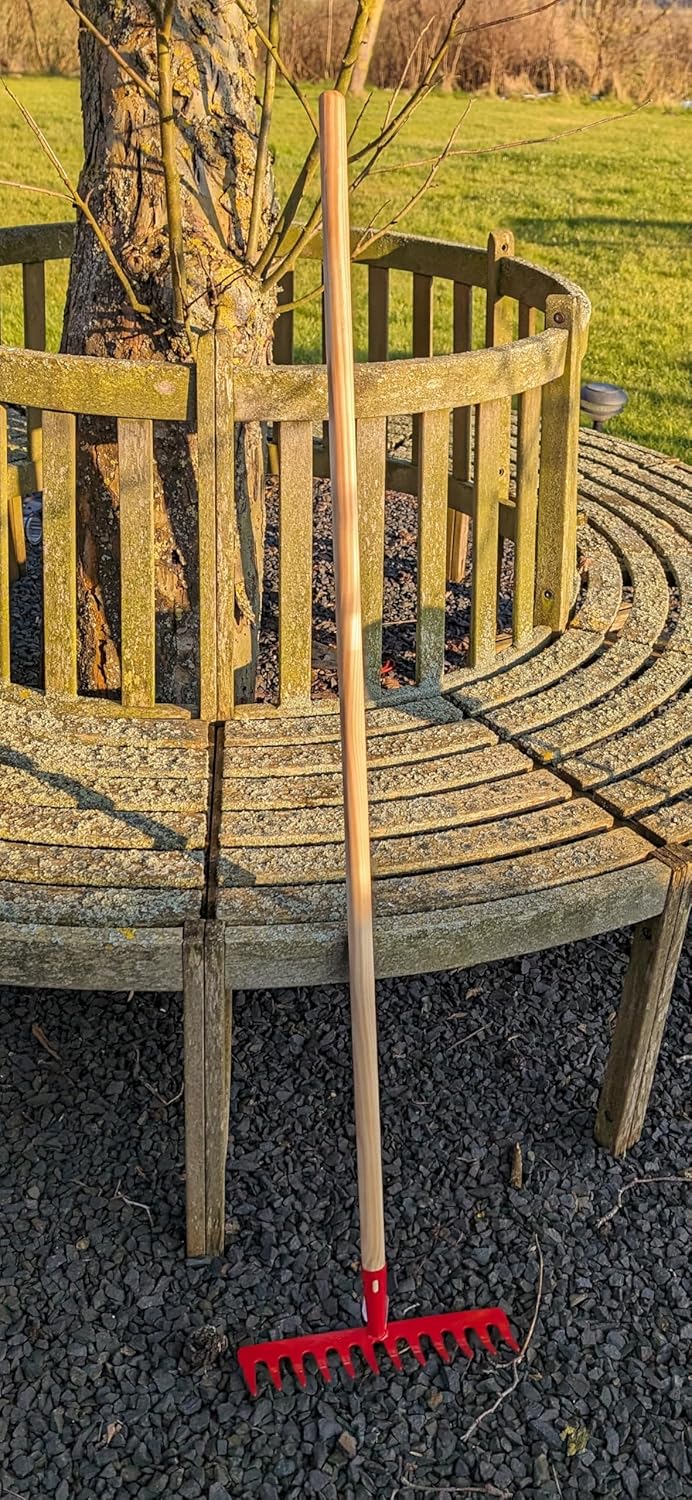 Garten Gerät Harke Rasen Boden Erde Rechen 12 Zinken Metall rot Gartenrechen 28 cm mit Holz Stiel, R