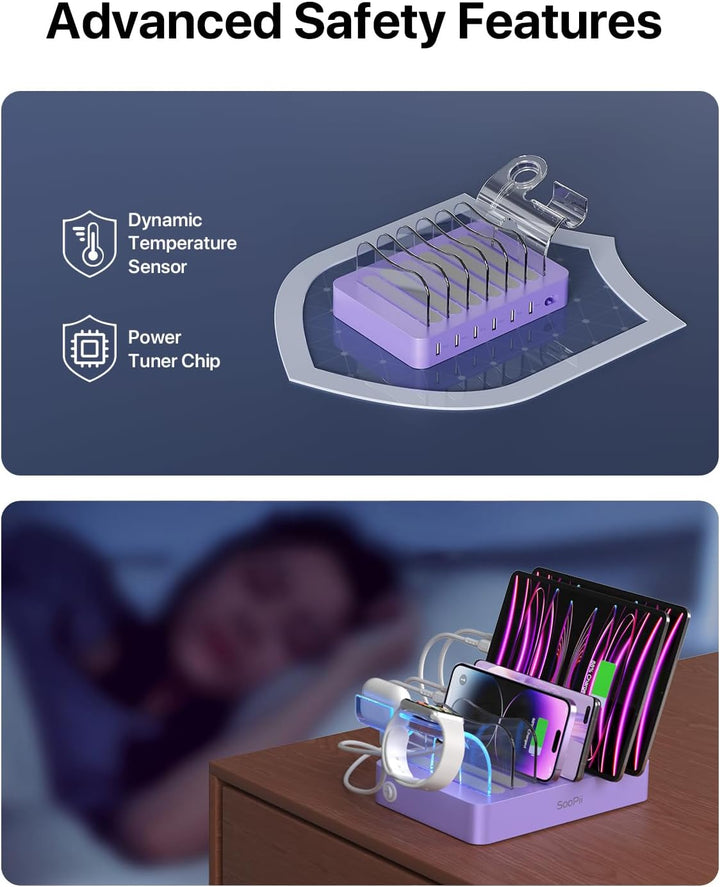 SooPii USB-Ladestation Organizer für mehrere Geräte, 6 Ports 50W Ladestation mit 6 Kabeln und aktual