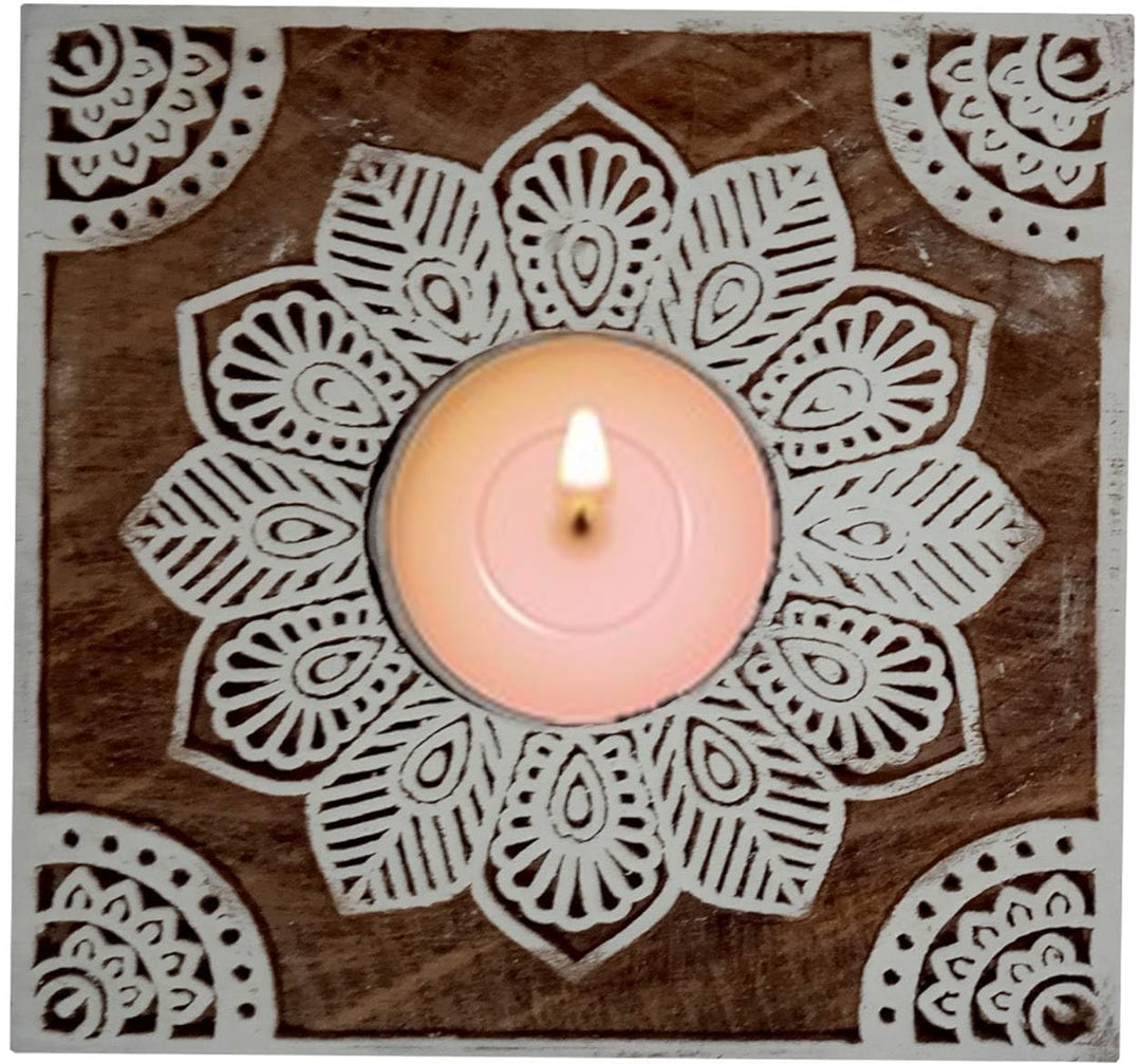 Purpledip 12509 Kerzenhalter aus Holz mit einzigartigem Rangoli-Design