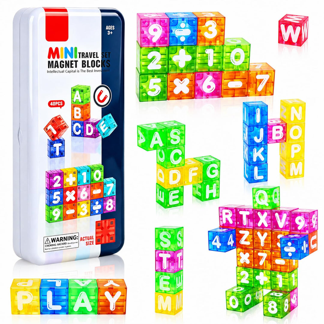 Mini Magnetische Bausteine 40PCS Magnetbausteine Reiseset mit Metallbox für Kinder, Magnetic Buildin