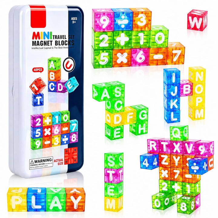 Mini Magnetische Bausteine 40PCS Magnetbausteine Reiseset mit Metallbox für Kinder, Magnetic Buildin