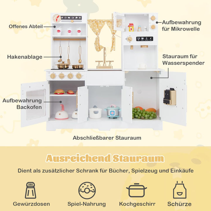 COSTWAY Kinderküche aus Holz, Spielküche mit Licht und Sound, Kinder Küche mit Spüle, Wasserhahn, He