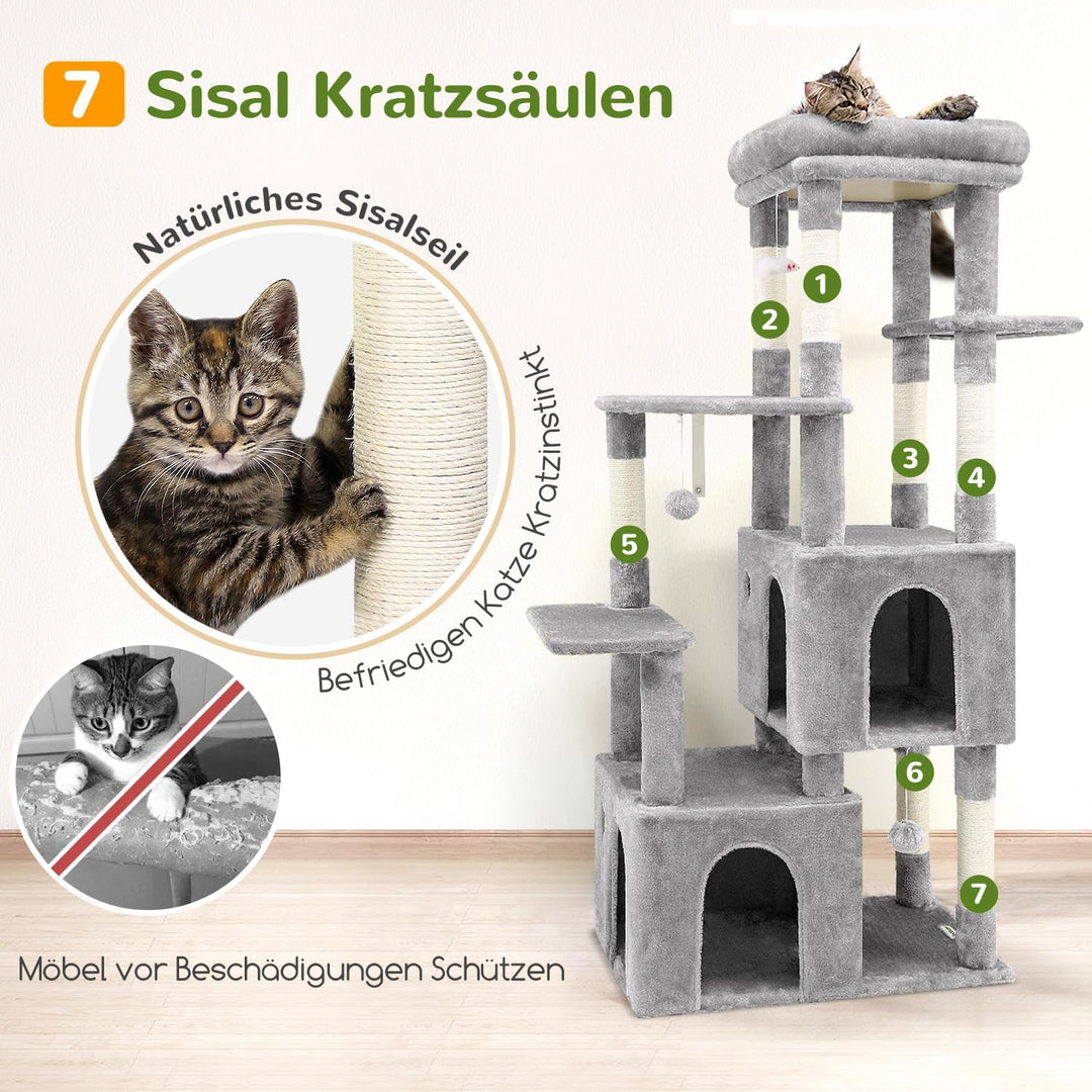 Globlazer Kratzbaum für 3-5 Grosse Katzen 156 cm mit 2 Extragross Katzenhaus 45 * 40 * 35CM, Grosse