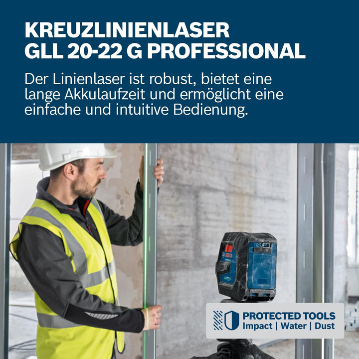 Bosch Professional Linienlaser GLL 20-22 G (Halterung LB 10, grüner Laser, Innenbereich, Dual Power