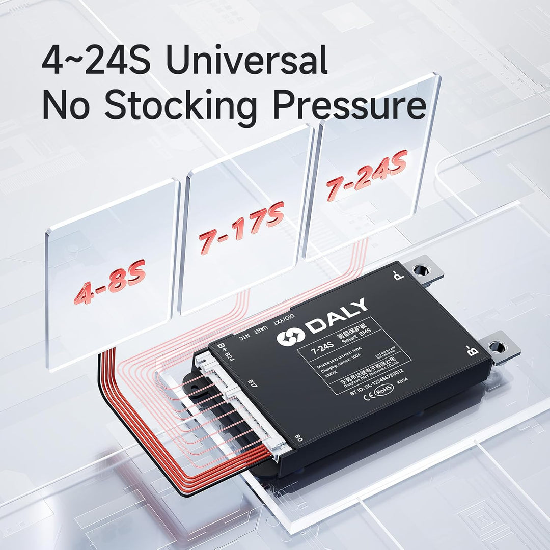 DALY BMS 100A 4S-8S 12V-24V - Smart integrierte Bluetooth Überwachung Lithium Batterieschutz LiFePO4